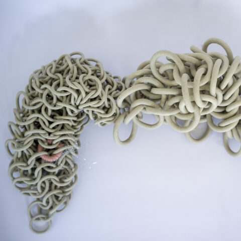 stoneware chainmail wool silver strands